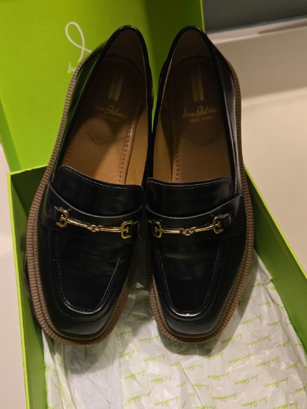 Sam Edelman Black Patent Loafers with Gold Bit